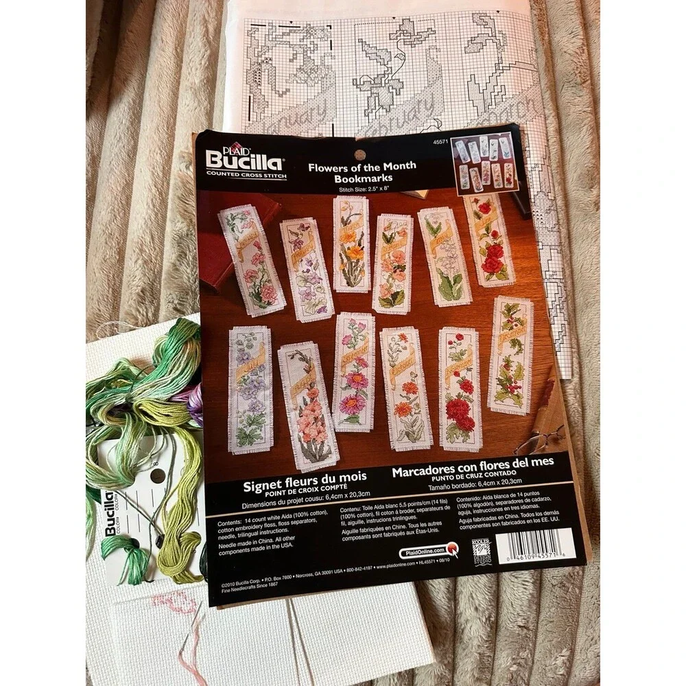 Bucilla Plaid FLOWERS OF THE MONTH Bookmarks Counted Cross Stitch Kit #45571